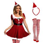 Christmas Women's Casual Pretty Costume Holiday Square Neck Santa Puff Sleeve Mini Velvet A Line Sexy Dress Red M