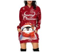 Christmas Women's Christmas Printed Long Sleeved Hooded Sweatshirt Snowman Pattern Long Sleeve Sweatshirt with Pockets Reindeer Santa Snowman Snowflake Flared Xmas Costume Swing Skater Midi Novelty