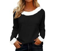 Christmas Womens Jumpers Plush Collar Cuffs Chunky Sweater Round Neck Pullover Loose Fit Casual Tunic Tops Autumn Winter Sweatshirts Baggy Funny Fashion Xmas Shirts (Black-2, XL)