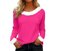 Christmas Womens Jumpers Plush Collar Cuffs Chunky Sweater Round Neck Pullover Loose Fit Casual Tunic Tops Autumn Winter Sweatshirts Baggy Funny Fashion Xmas Shirts (Hot Pink-1, XXXL)