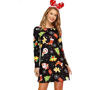 Christmas Women's Long Sleeve A-Line Dress Xmas Printed Swing Party Bodycon Xmas Jingle Bells L
