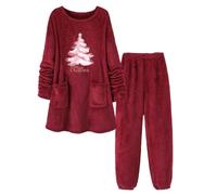 Christmas Women's Pyjama Sets Plush Mid Length Tops and Wide Leg Pants Merry Christmas Ladies Christmas Tree Star Print Christmas Winter Warm Nightwear Home Bedroom Spa & Hotel Outfits Xmas (E, XL)