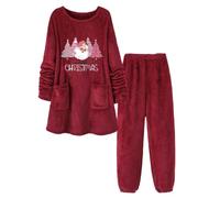 Christmas Women's Pyjama Sets Plush Mid Length Tops and Wide Leg Pants Merry Christmas Ladies Christmas Tree Star Print Christmas Winter Warm Nightwear Home Bedroom Spa & Hotel Outfits Xmas (I, XXXL)