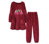 Christmas Women's Pyjama Sets Plush Mid Length Tops and Wide Leg Pants Merry Christmas Ladies Christmas Tree Star Print Christmas Winter Warm Nightwear Home Bedroom Spa & Hotel Outfits Xmas (M, XL)