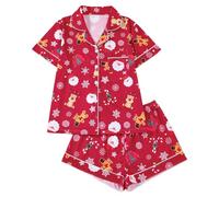 Christmas Women's Pyjamas Set With All Over Print And Lapel Collar Short Sleeves And Shorts In A European Inspired Home Wear Style For Everyday Comfort Loungewear,Red/L