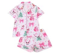 Christmas Women's Pyjamas Set With All Over Print And Lapel Collar Short Sleeves And Shorts In A European Inspired Home Wear Style For Everyday Comfort Loungewear,White/XL