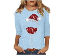 Christmas Women's Shirt 3/4 Sleeve Crew Neck Christmas Shirt Funny Women's Tops Autumn T-Shirt Christmas Costume Christmas Shirts Ugly with Red Wine Glass Print on the Christmas Market