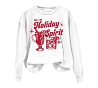 Christmas Womens Sweatshirts Crewneck Pullover Top Women's Christmas Full Of Holiday Spirit Letter Printed Long Sleeved Crew Neck Hoodie Hoodie (White, M)