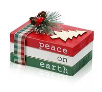 Christmas Wood Book Stack, Christmas Tiered Tray Decor, Peace on Earth Mini Faux Decorative Books with Pine Berry, Farmhouse Book Decor for Home Table Mantle Shelf