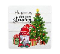 Christmas Wood Sign He Gnomes When You are Sleeping Sign Gnome Christmas Tree Gift Box Farmhouse Style Wall Decor Christmas Letters Primitive Farmhouse Decor for Home Bedroom Decor 16x16in