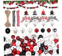 Christmas Wooden Beads 80Pcs 10 Cute Face Round Snowman Beads with DIY Twine Scarf for Decoration Bracelets Pendants- Christmas Craft