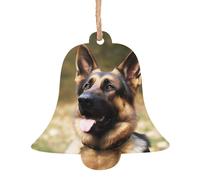 Christmas Wooden Bell Shape Ornaments 2 PCS, Animal German Shepherd Christmas Tree Hanging Ornaments Rustic Xmas Wishes Tags Hanging Craft Label for Home Decoration