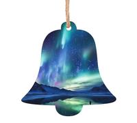 Christmas Wooden Bell Shape Ornaments 4 PCS, Northern Lights Christmas Tree Hanging Ornaments Rustic Xmas Wishes Tags Hanging Craft Label for Home Decoration