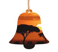 Christmas Wooden Bell Shape Ornaments 6 PCS, Sunset African Savanna Christmas Tree Hanging Ornaments Rustic Xmas Wishes Tags Hanging Craft Label for Xmas Decoration