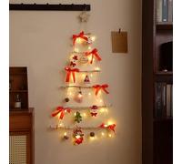 Christmas Wooden Ladder Tree Hanging LED Lights, Rustic Space Saving Fairy Lights, Vintage Style Wall Mountable DIY Xmas Wall Decor (red)