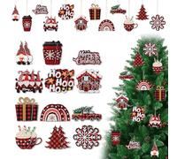 Christmas Wooden Ornaments 24pcs Traditional Red and White Christmas Decorations Snowman Xmas Tree Snowflake & More Shape Pendant Hanging Decor for Xmas Holiday Party Decoration