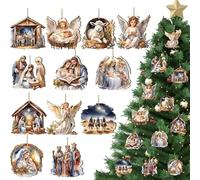Christmas Wooden Ornaments Nativity Ornaments Religious Christmas Decorations for Tree Wreaths Xmas Birth of Jesus Hanging Wood Cutouts Decor for Farmhouse Home Christian Party Favors (12Pcs)