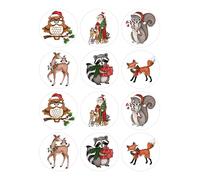 Christmas Woodland Animals 12 Card Making Toppers Adhesive Small 64mm (2.5 inch) Circles