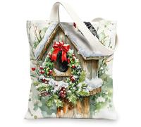 Christmas Woodpecker Bird Canvas Tote Bag for Shopping 13 * 15, Fun Watercolor Birdhouse Reusable Grocery Bag for Women, Winter Travel Painting Gift Decoration