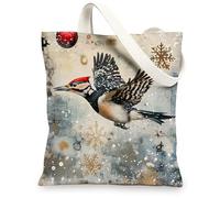 Christmas Woodpecker Bird Canvas Tote Bag for Shopping 13 * 15, Luxury Snowflakes Balls Reusable Grocery Bag for Women, Xmas Work Travel Painting Gift Decor