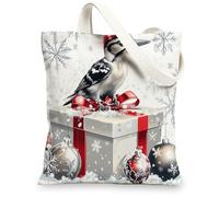 Christmas Woodpecker Bird Canvas Tote Bag for Shopping 13 * 15, Luxury Xmas Gifts Box Reusable Grocery Bag for Women, Winter Travel Pattern Gift Decoration