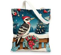 Christmas Woodpecker Bird Canvas Tote Bag for Shopping 13 * 15, Novelty Snowy Forest Reusable Grocery Shoulder Cloth Bag for Women, Xmas Painting Gift Decor