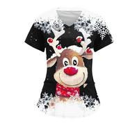 Christmas Work Tunics Doctors Hospital Cat Grooming Reindeer Printed V Neck Xmas Graphic Carers Uniform Scrub Tops Xmas Reindeer Workwear Dog Grooming Care Work Shirt Classic Fit Ladies Scrub Top