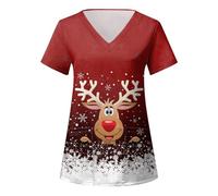 Christmas Work Tunics Work Tops Doctors Hospital Beauty Tunic Cat Grooming V-Neck Healthcare Tunics Beauty Uniforms Beauty Salon Xmas Reindeer Classic Fit Santa Print Care Uniform Work Wear Tops