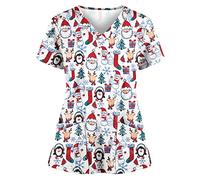 Christmas Work Tunics Workwear Mock Wrap Beauty Tunic Classic Fit Beauty Salon Spa Nail Salons Christmas Scrubs Top V-Neck Healthcare Tunic Short Sleeve Xmas Graphic Santa Claus Spa Nail Salons White