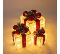 The Christmas Workshop 70749 Set of 3 Light-Up Christmas Boxes With Red Bow/Indoor Christmas Decorations / 65 Warm White LED Lights/Battery Operated/Timer Functionality