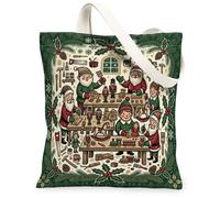 Christmas Workshop Scene Canvas Tote Bag 13x15 Inch | Evergreen Border, Holly Leaves, Nostalgic Workshop Scene, Winter Season, Festive Atmosphere
