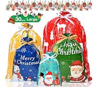 Christmas Wrapping Bags 30Pcs Extra Large Drawstring Gift With Tags,Foil Xmas Tie for Presents Variety of Sizes,Reusable Wrap Bag Multipack 5 Sizes & 13 Different Designs, XXL