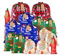 Christmas Wrapping Bags Fabric Canvas Drawstring Gift Bags 15 Pcs,Extra-Large Large Medium Small 4 Assorted Size and 1 Wine Bottle Bags Size,5 Sizes Xmas Bags for Presents,Party,Holiday Decorations