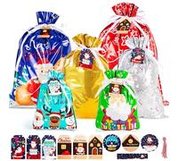 Christmas Wrapping Gift Bags Large Medium Small Multipack, 12Pcs Xmas Gift Bags with 20Pcs Tags, Large Medium Drawstring Bag, Christmas Bag for Present, Assorted Sizes for Xmas Birthday Holiday Party