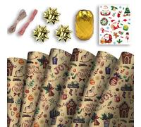 Christmas Wrapping Mega Kit: 10 Sheets Classic Kraft Festive Traditional Pattern Present Gift Wrap Roll | 70cm x 50cm Wrap Paper Design | Complete Xmas Package Set | String, Stickers, Bows, Ribbons