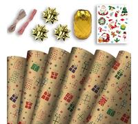 Christmas Wrapping Mega Kit: 10 Sheets Classic Kraft Festive Traditional Pattern Present Gift Wrap Roll | 70cm x 50cm Wrap Paper Design | Complete Xmas Package Set | String, Stickers, Bows, Ribbons