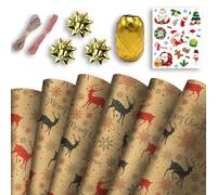 Christmas Wrapping Mega Kit: 10 Sheets Classic Kraft Festive Traditional Pattern Present Gift Wrap Roll | 70cm x 50cm Wrap Paper Design | Complete Xmas Package Set | String, Stickers, Bows, Ribbons