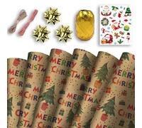 Christmas Wrapping Mega Kit: 10 Sheets Classic Kraft Festive Traditional Pattern Present Gift Wrap Roll | 70cm x 50cm Wrap Paper Design | Complete Xmas Package Set | String, Stickers, Bows, Ribbons