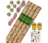 Christmas Wrapping Mega Kit: 20 Sheets Classic Kraft Festive Traditional Pattern Present Gift Wrap Roll | 70cm x 50cm Wrap Paper Design | Complete Xmas Package Set | String, Stickers, Bows, Ribbons