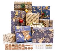 Christmas Wrapping Paper, 12 Sheets Navy Blue and Brown Christmas Wrapping Paper for Women Men, Recycled Kraft Gift Wrap Paper Set for Xmas New Year Winter Holiday Party Gift Decorations, 50x70cm
