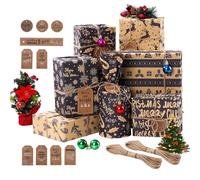 Christmas Wrapping Paper, 12 Sheets Navy Blue Kraft Xmas Gift Wrapping Paper Set with 10 Tags and 20m Jute String