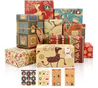 Christmas Wrapping Paper, 12 Sheets Recyclable Kraft Xmas Wrap Paper Set with Tags and Stickers, 9 Vintage Designs Christmas Wrapping Paper for Gift Wrapping, 70x50CM