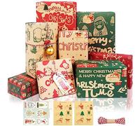 Christmas Wrapping Paper, 8 Sheets Assorted Brown Red and Green Gift Wrap Paper Set for Christmas New Year Winter Holiday Party, Recyclable Kraft Gift Wrap with Tags Stickers - 8 Designs, 50x70CM