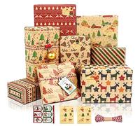Christmas Wrapping Paper, 8 Sheets Brown and Red Xmas Wrapping Paper with Tags Stickers Rope, Retro Kraft Gift Wrap Paper Set for Christmas New Year Winter Holiday Party Gift Decorations, 50x70CM