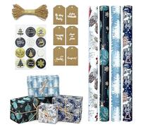 Christmas Wrapping Paper And Tags, Xmas Wrapping Paper Rolls, Wrapping Paper Roll, Bluey Navy Black, Gift Wrapping Paper Luxury Recyclable 4 Rolls Kit With Gift Tags, Stickers, Rope 43 * 300cm