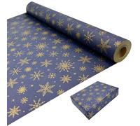 Christmas Wrapping Paper for Gift Wrap: Blue Kraft Paper Roll with Gold Snowflake 43cm x 15M Recyclable Wrapping Paper