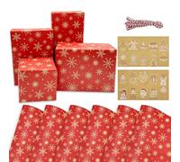 Christmas Wrapping Paper for Gift Wrapping - 6 Sheets Red Xmas Gift Wrapping Paper Printed with Snowflake 70 x 50cm Kraft Paper with Gift Tags and Ribbon