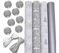 Christmas Wrapping Paper Matching Christmas Tags and Raffia Ribbon Set 8 Metres Wrapping Paper - 4 x 2M rolls (Silver and White)