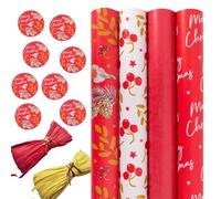 Christmas Wrapping Paper Matching Christmas Tags and Raffia Ribbon Set 8 Metres Wrapping Paper - 4 x 2M rolls (Traditional Red)