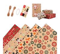 Christmas Wrapping Paper, Recyclable Gift Wrapping Paper 4 Vintage Designs 70x50CM Kraft Paper Folded Sheets for Xmas Party Gifts, Birthday, Graduation, Present Decorations